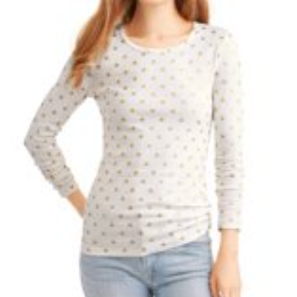 Faded Glory Womens XL White Long Sleeve Gold Star Print Cotton Knit Top Tee